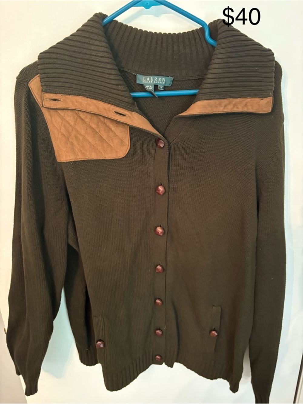Ralph Lauren Brown Knit Cardigan with Tan Quilted Shoulder